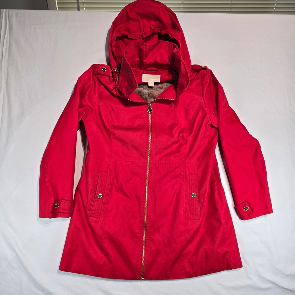 Michael Kors Red Hooded Trench Coat Jacket Gold Hardware MK Logo Lining L 132472